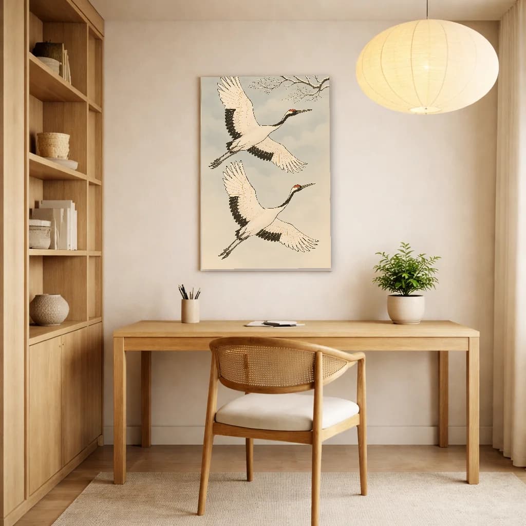 Red-Crowned Cranes in Flight - Japanese Wall Art - Room Scene 2