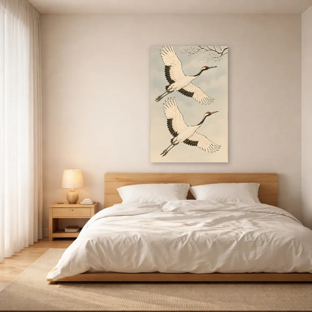 Red-Crowned Cranes in Flight - Japanese Wall Art - Room Scene 3