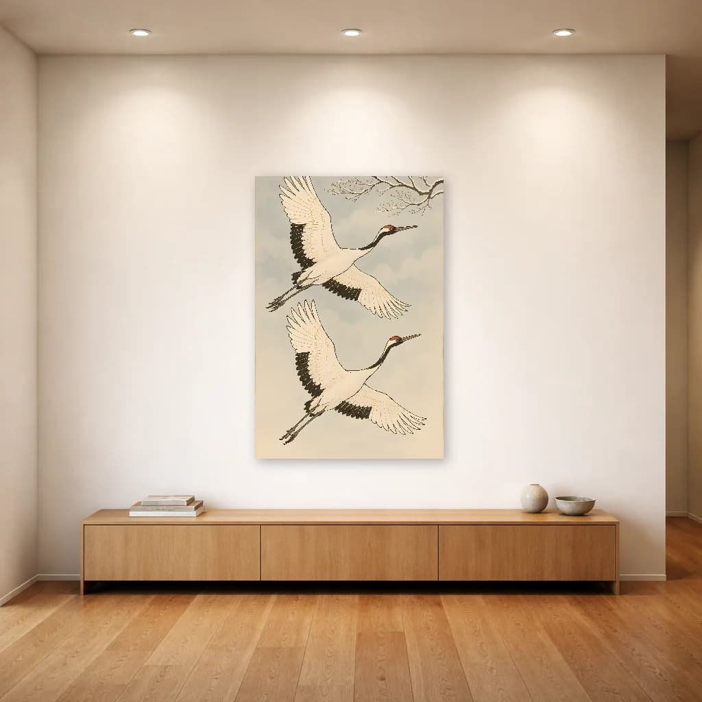 Red-Crowned Cranes in Flight - Japanese Wall Art - Room Scene 4