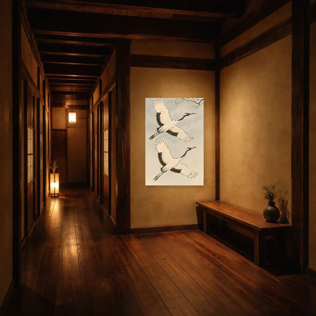 Red-Crowned Cranes in Flight - Japanese Wall Art - Room Scene 5