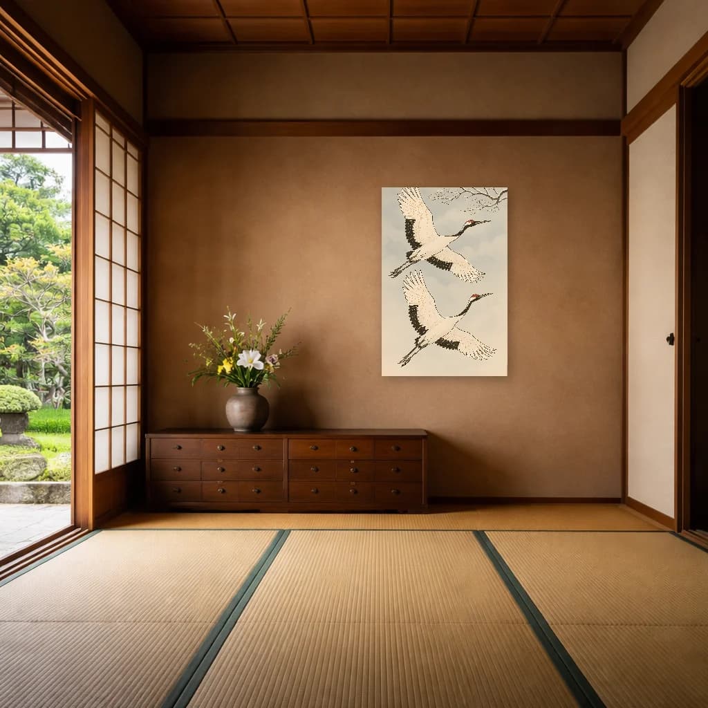 Red-Crowned Cranes in Flight - Japanese Wall Art - Room Scene 6