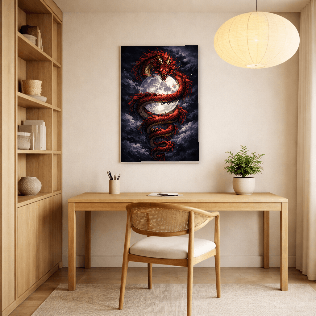 Red Dragon and Moon - Japanese Wall Art - Room Scene 2