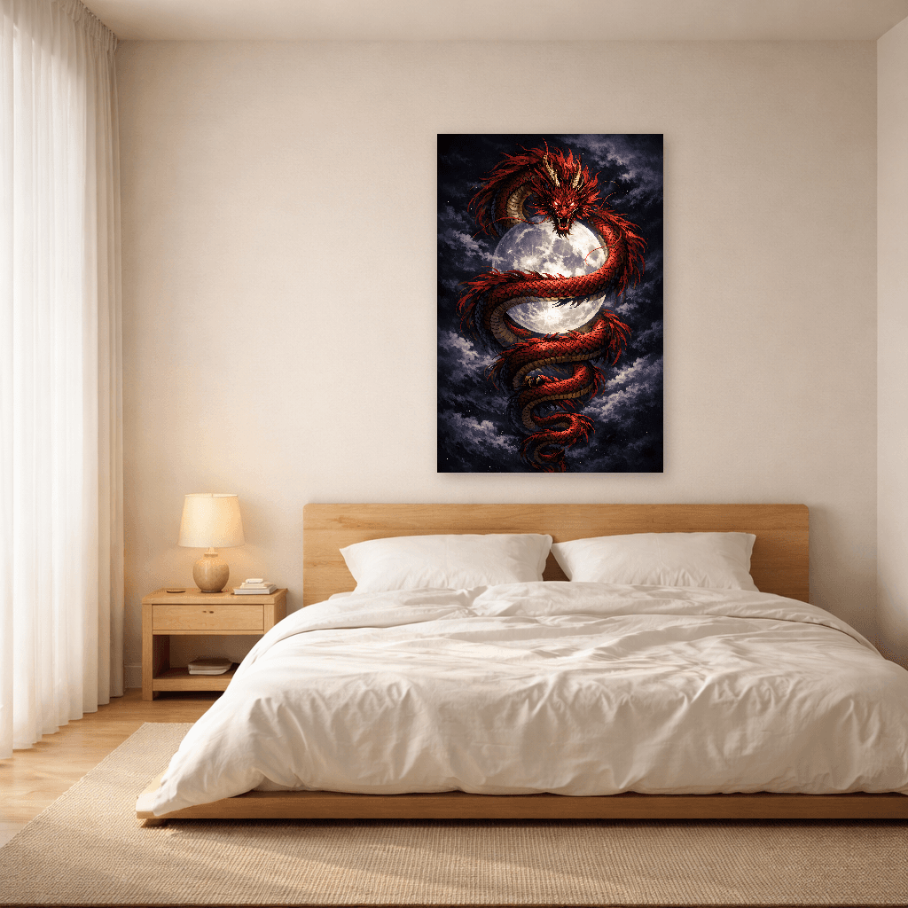 Red Dragon and Moon - Japanese Wall Art - Room Scene 3