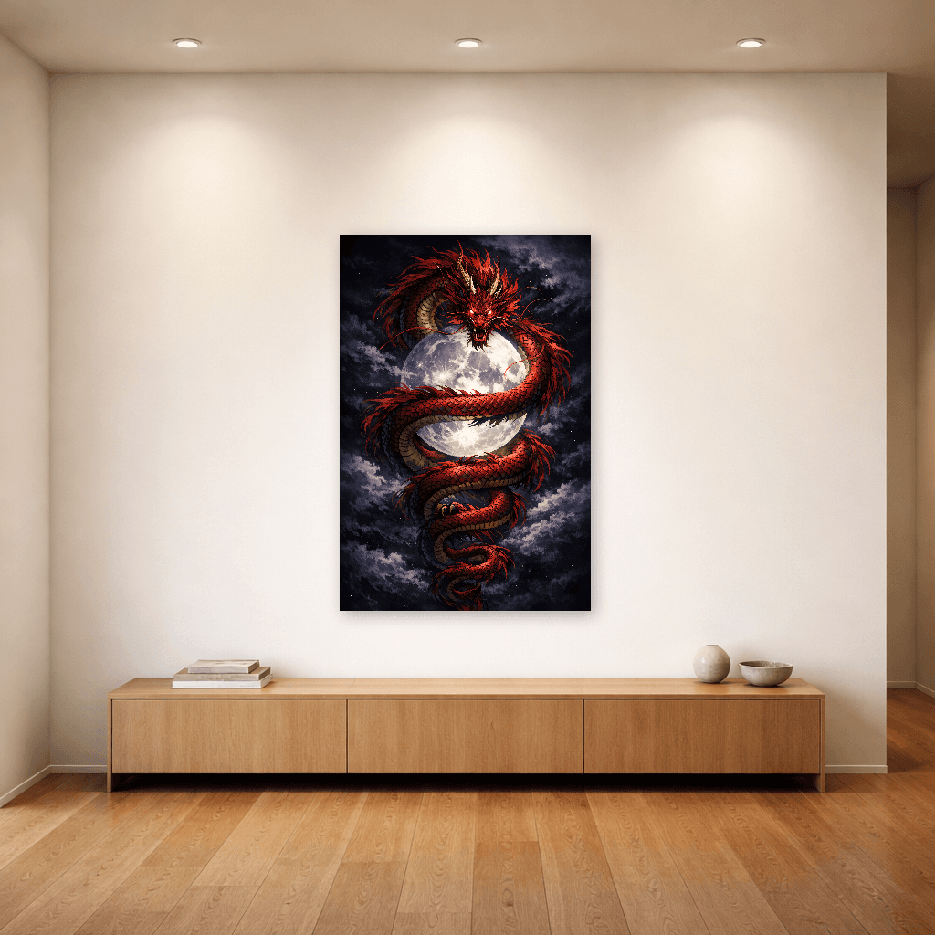 Red Dragon and Moon - Japanese Wall Art - Room Scene 4