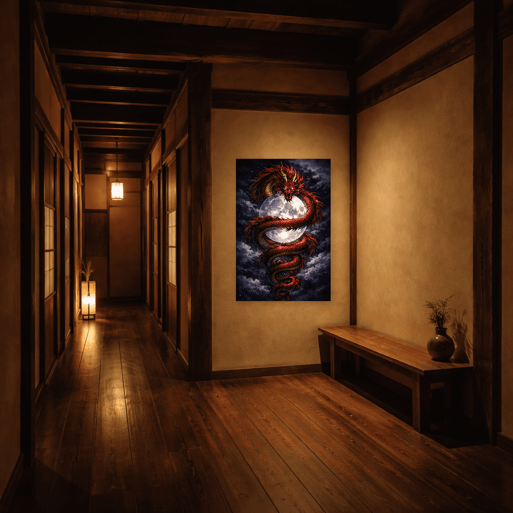 Red Dragon and Moon - Japanese Wall Art - Room Scene 5