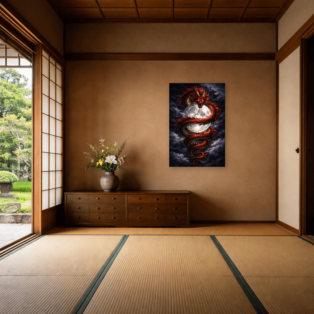 Red Dragon and Moon - Japanese Wall Art - Room Scene 6